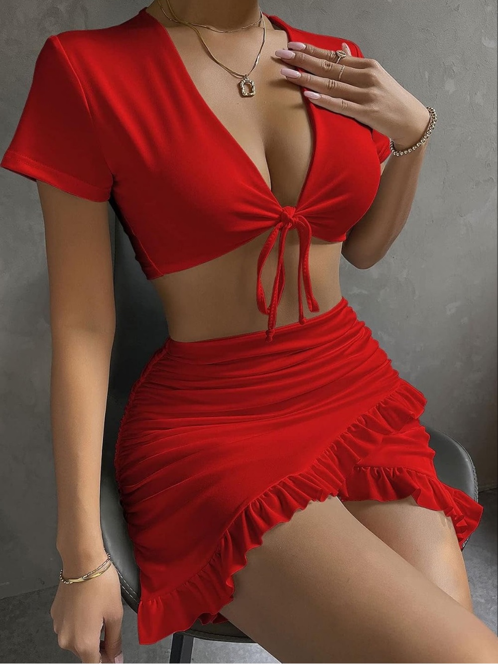 Red Ruffle Wrap Mini Skirt Set - Picture 4 of 9